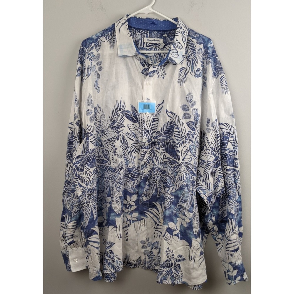 Tommy Bahama‎ Linen Button Front Blue Floral Shirt Mens Large Casual Beach